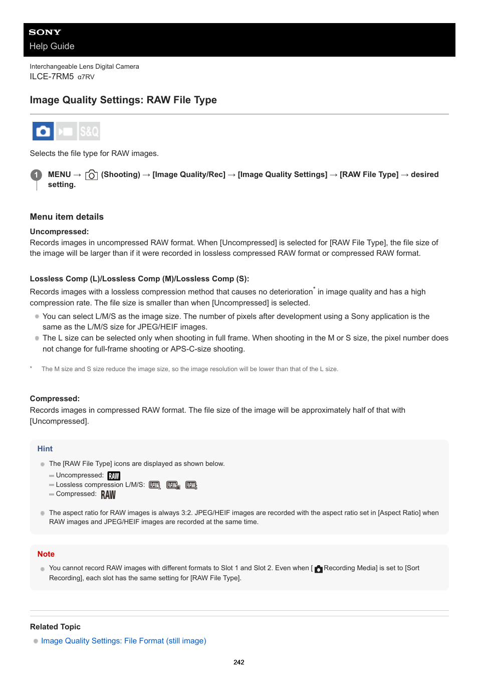 Image quality settings: raw file type, Help guide | Sony PCM-A10 High-Resolution Audio Recorder User Manual | Page 242 / 535