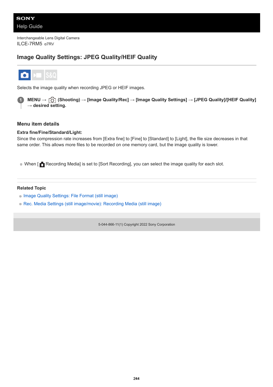 Image quality settings: jpeg quality/heif quality, Image quality settings: jpeg quality, Image quality settings: heif quality | Sony PCM-A10 High-Resolution Audio Recorder User Manual | Page 244 / 535