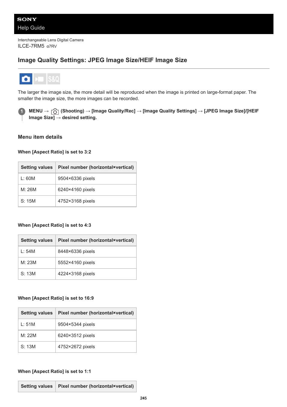 Image quality settings: jpeg image size, Image quality settings: heif image size | Sony PCM-A10 High-Resolution Audio Recorder User Manual | Page 245 / 535