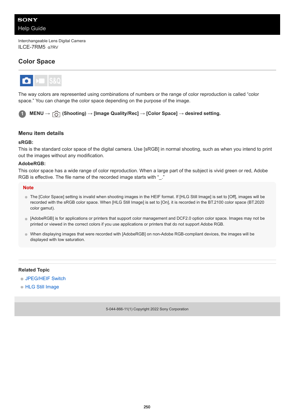 Color space | Sony PCM-A10 High-Resolution Audio Recorder User Manual | Page 250 / 535