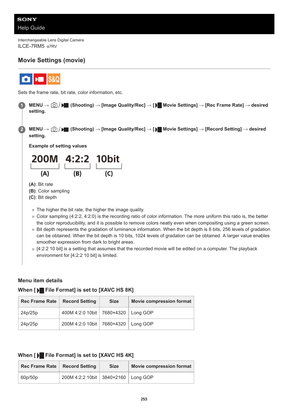 Movie settings (movie), Movie settings | Sony PCM-A10 High-Resolution Audio Recorder User Manual | Page 253 / 535
