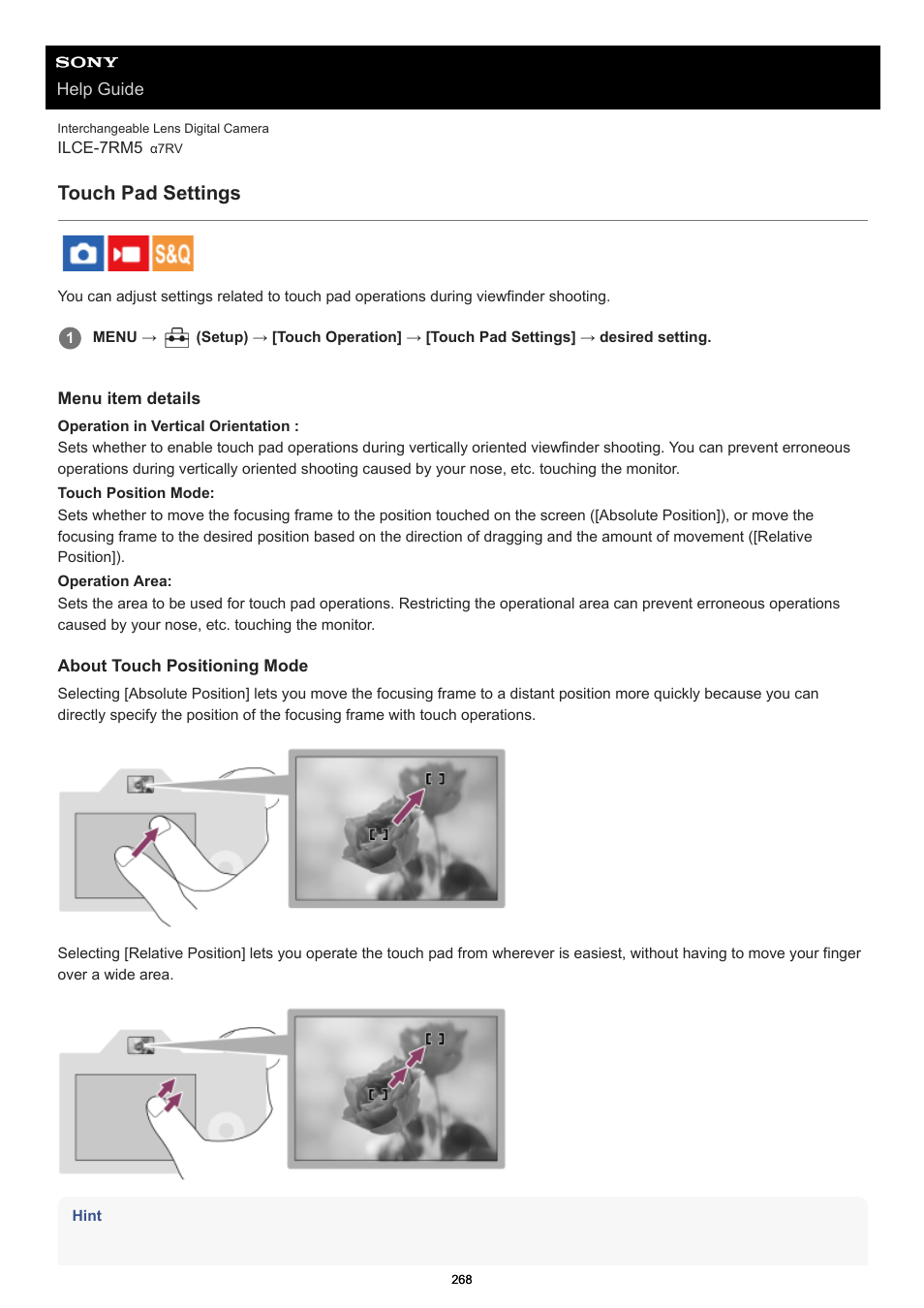 Touch pad settings | Sony PCM-A10 High-Resolution Audio Recorder User Manual | Page 268 / 535