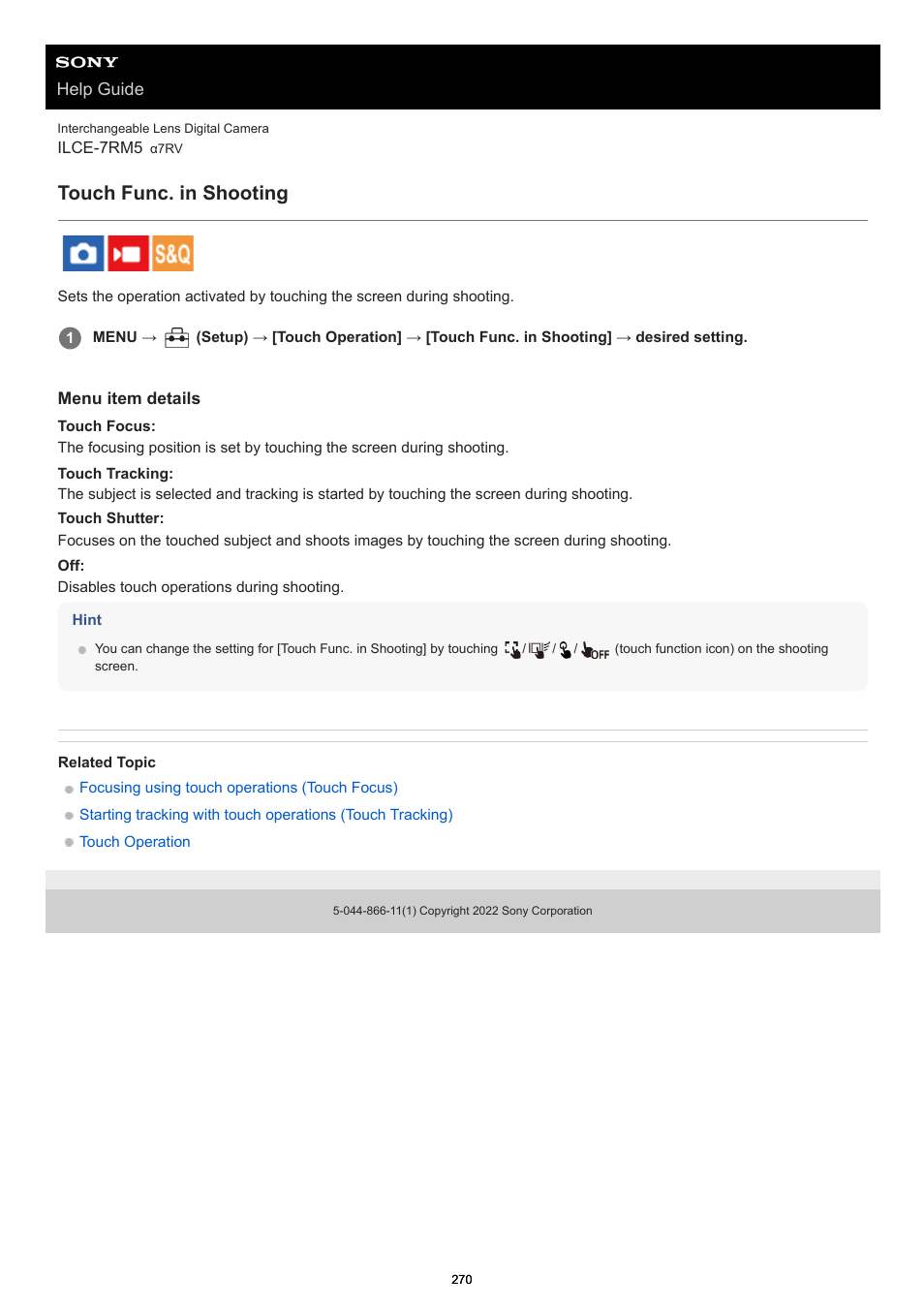 Touch func. in shooting | Sony PCM-A10 High-Resolution Audio Recorder User Manual | Page 270 / 535