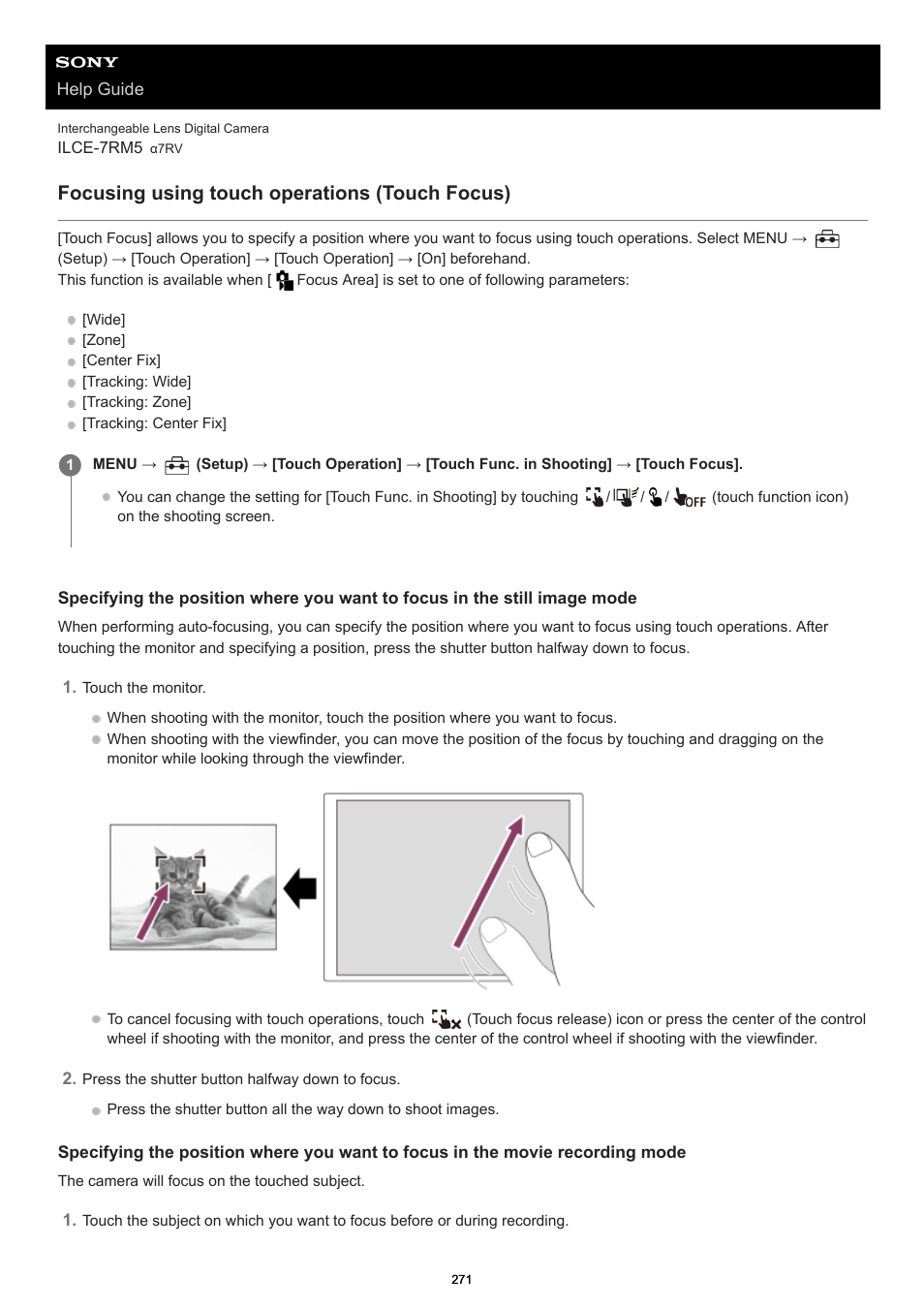 Focusing using touch operations (touch focus) | Sony PCM-A10 High-Resolution Audio Recorder User Manual | Page 271 / 535
