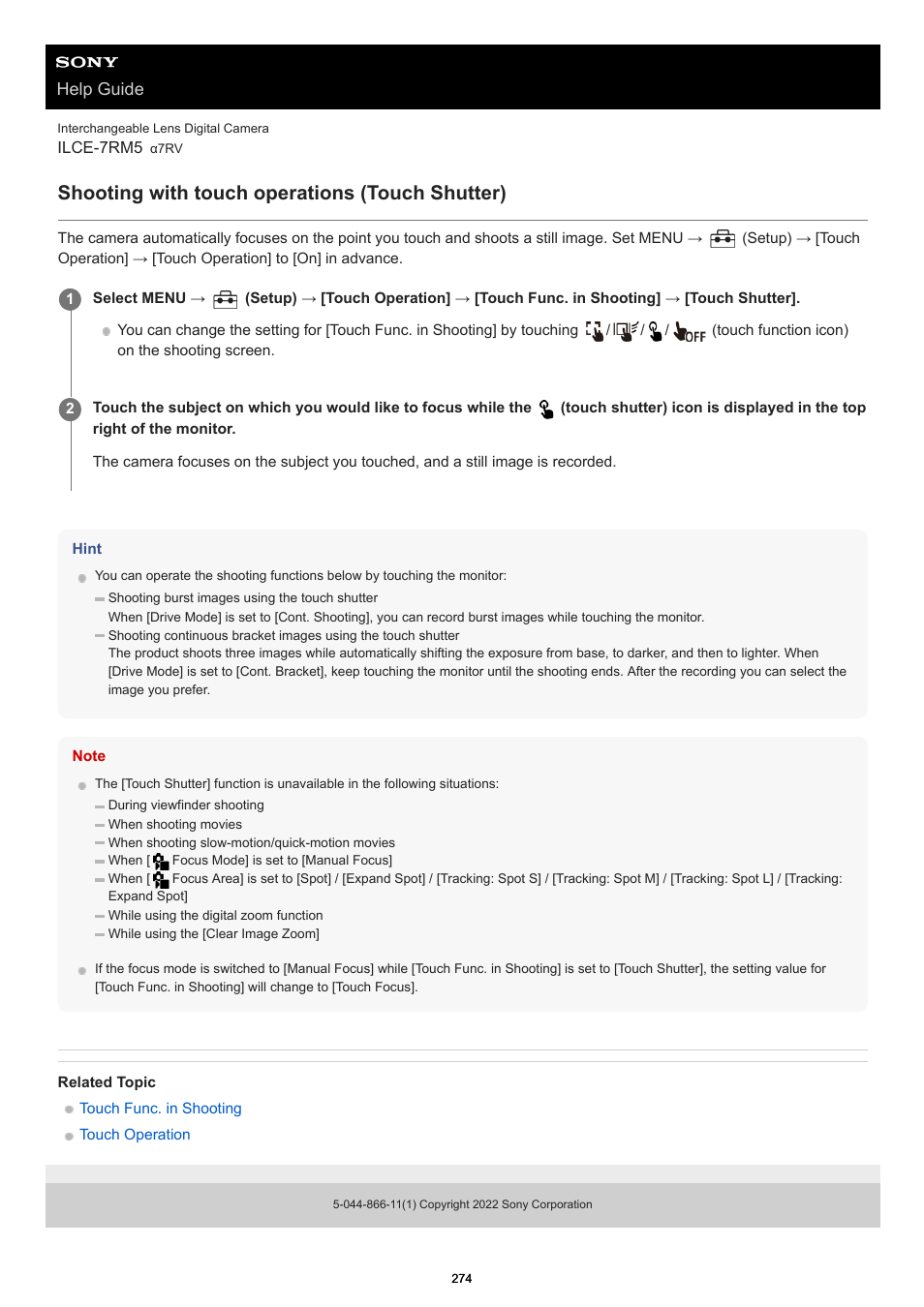 Shooting with touch operations (touch shutter), Help guide | Sony PCM-A10 High-Resolution Audio Recorder User Manual | Page 274 / 535