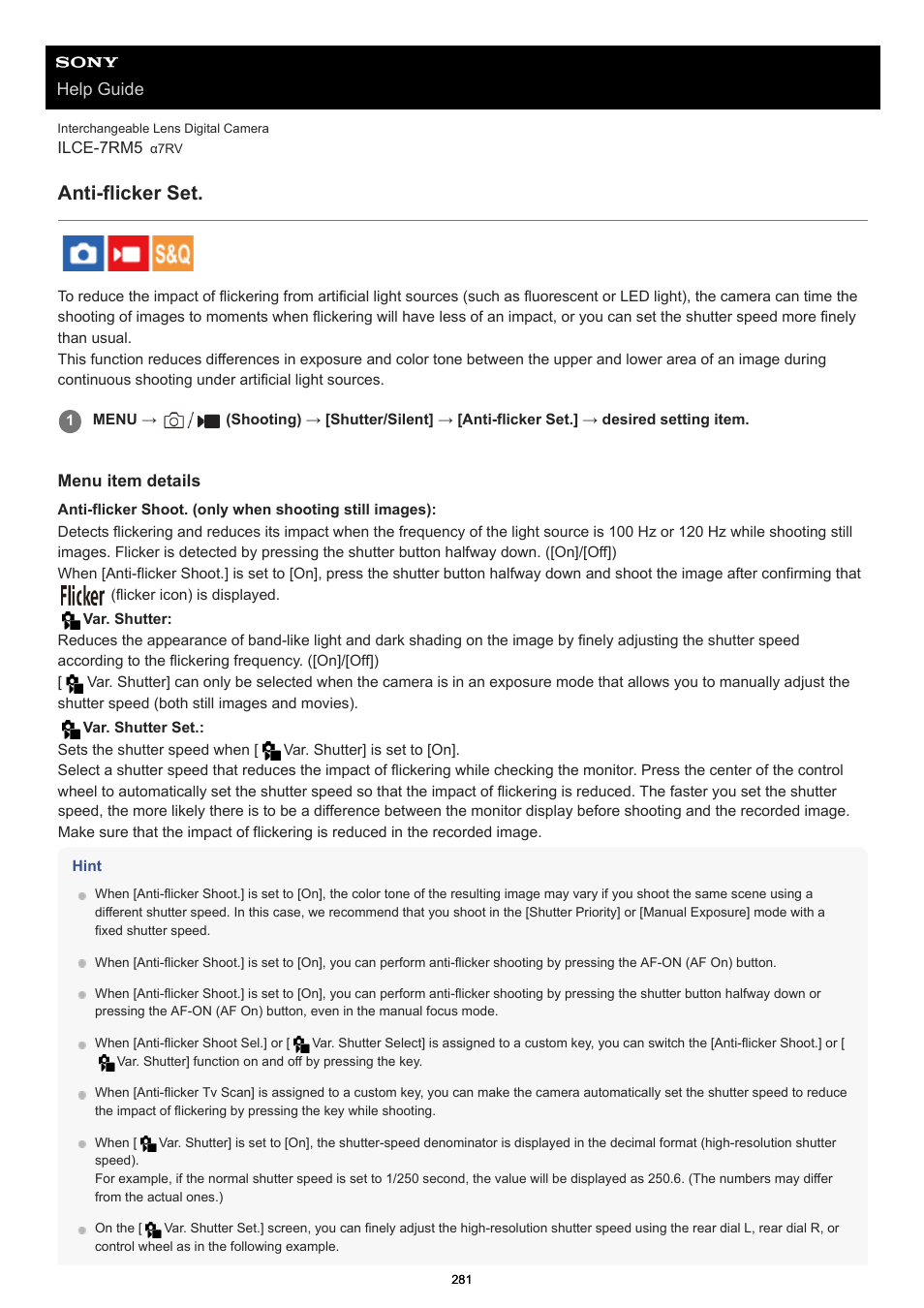 Anti-flicker set, Help guide | Sony PCM-A10 High-Resolution Audio Recorder User Manual | Page 281 / 535