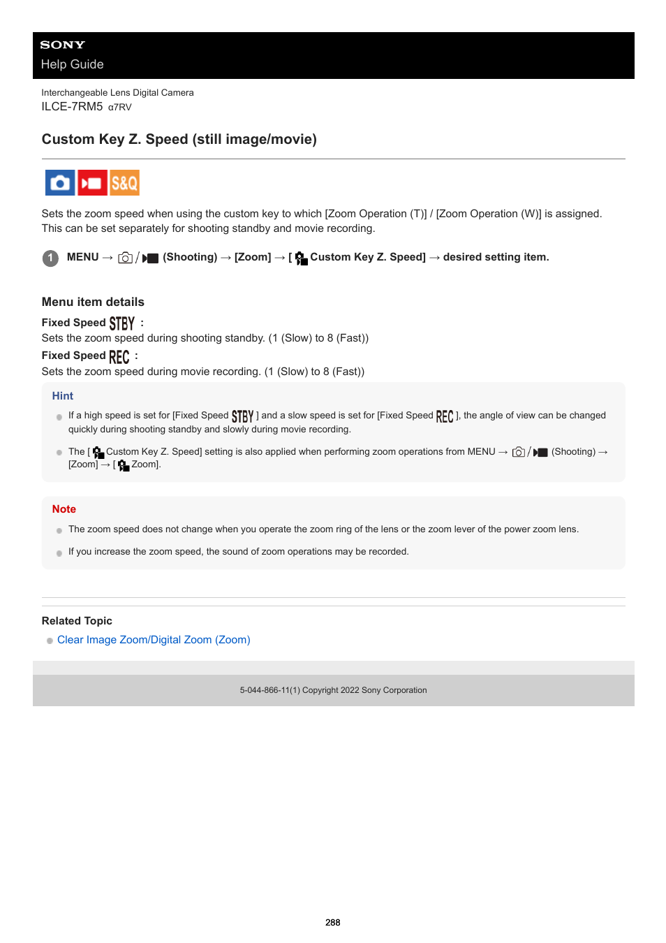 Custom key z. speed (still image/movie), Custom key z. speed, Help guide | Sony PCM-A10 High-Resolution Audio Recorder User Manual | Page 288 / 535