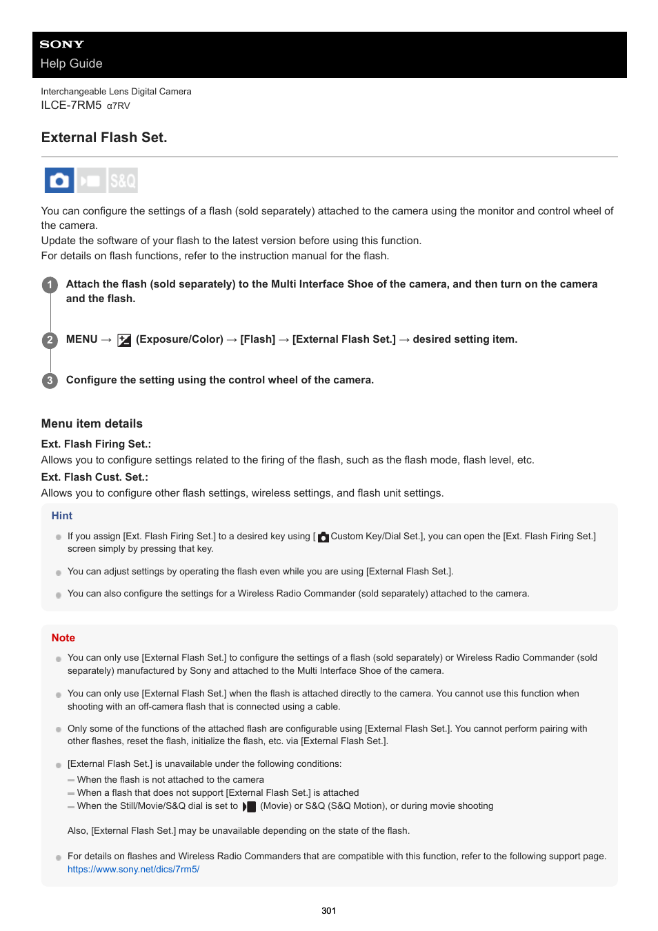 External flash set, Help guide | Sony PCM-A10 High-Resolution Audio Recorder User Manual | Page 301 / 535