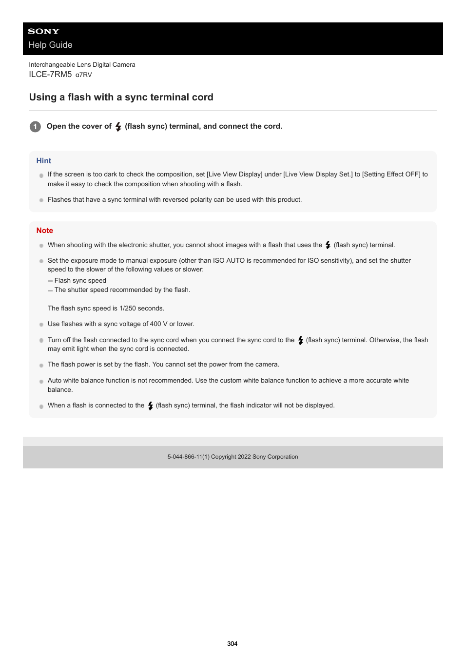 Using a flash with a sync terminal cord, Help guide | Sony PCM-A10 High-Resolution Audio Recorder User Manual | Page 304 / 535