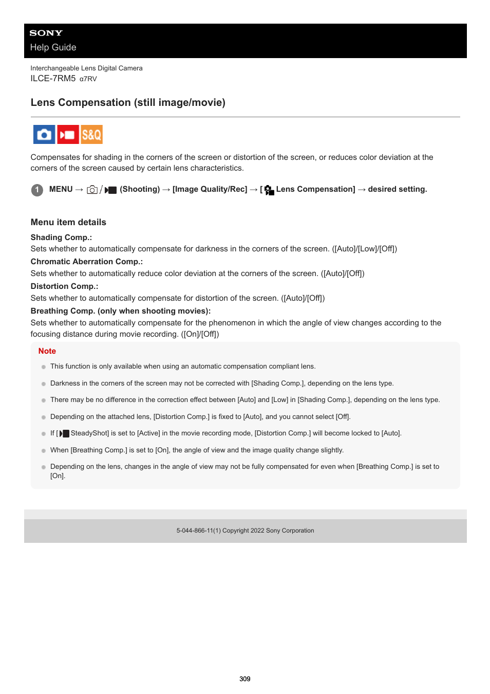 Lens compensation (still image/movie), Lens compensation, Help guide | Sony PCM-A10 High-Resolution Audio Recorder User Manual | Page 309 / 535