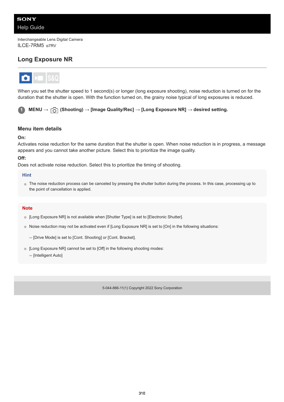 Long exposure nr, Help guide | Sony PCM-A10 High-Resolution Audio Recorder User Manual | Page 310 / 535