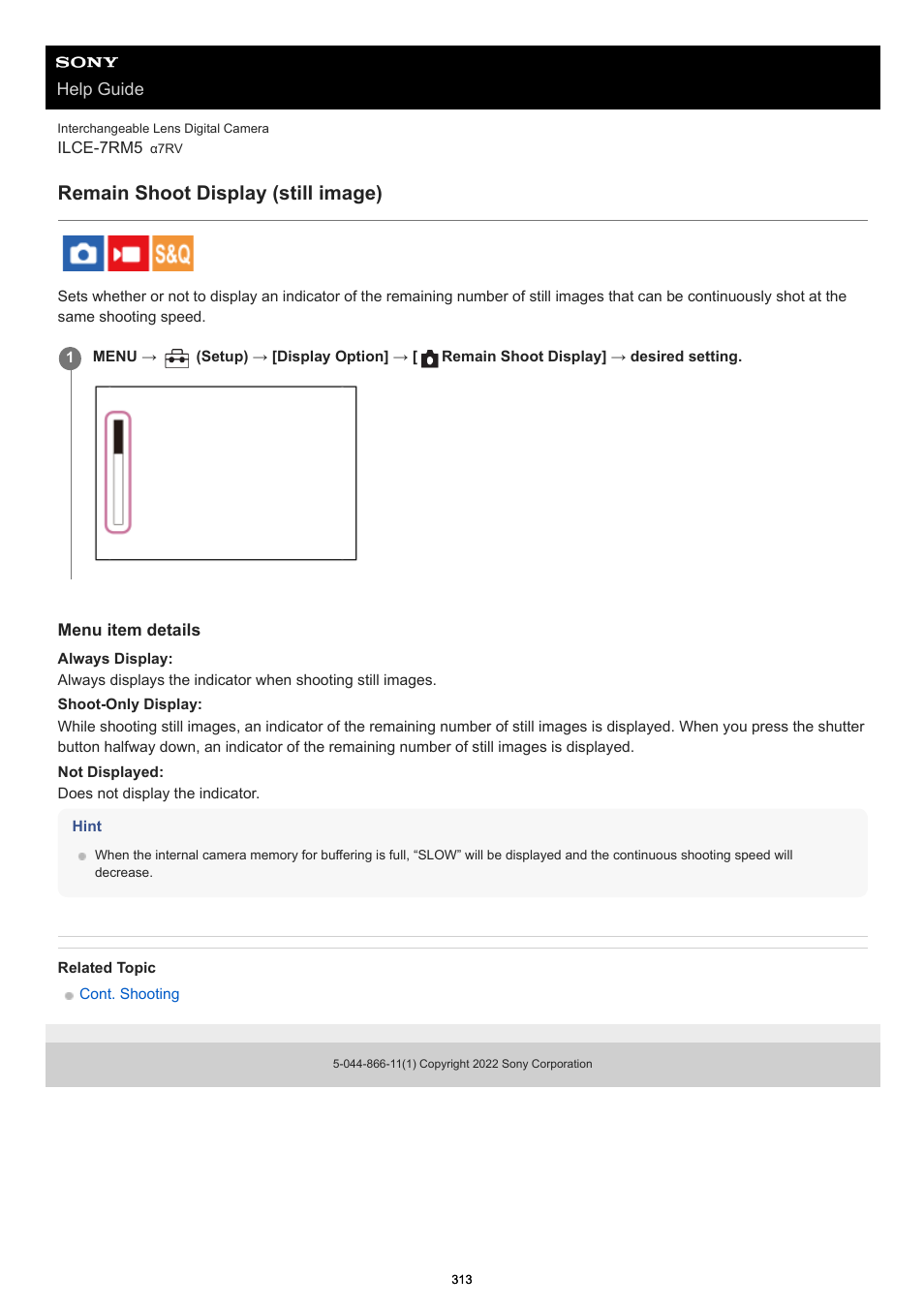 Remain shoot display (still image), Remain shoot display | Sony PCM-A10 High-Resolution Audio Recorder User Manual | Page 313 / 535