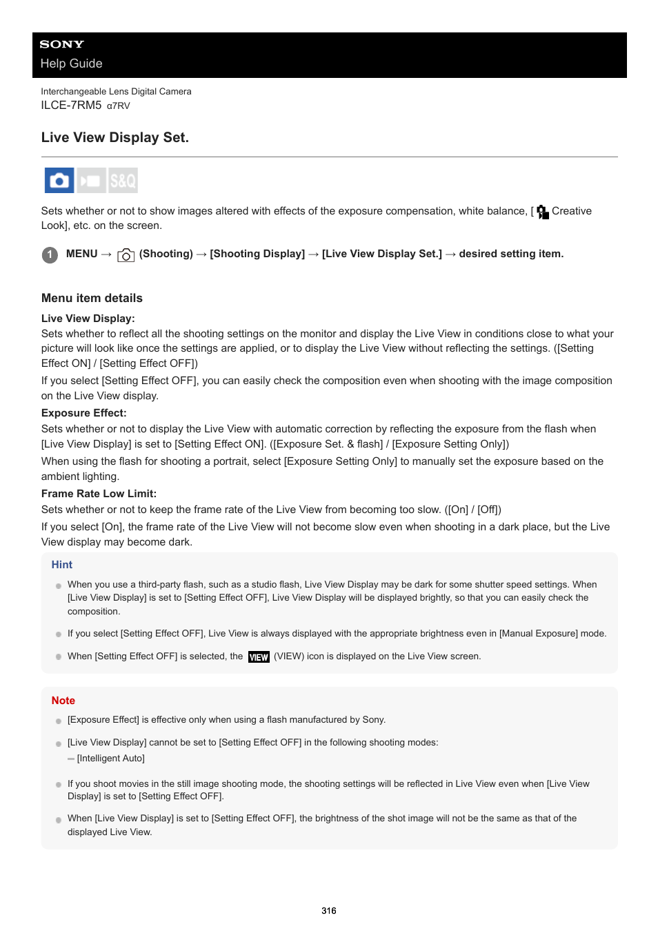 Live view display set, Help guide | Sony PCM-A10 High-Resolution Audio Recorder User Manual | Page 316 / 535