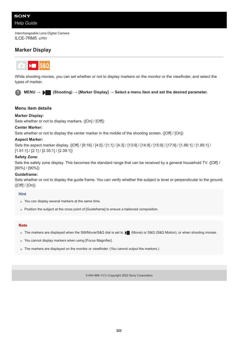 Marker display, Center marker, Aspect marker | Safety zone, Guideframe, Help guide | Sony PCM-A10 High-Resolution Audio Recorder User Manual | Page 322 / 535