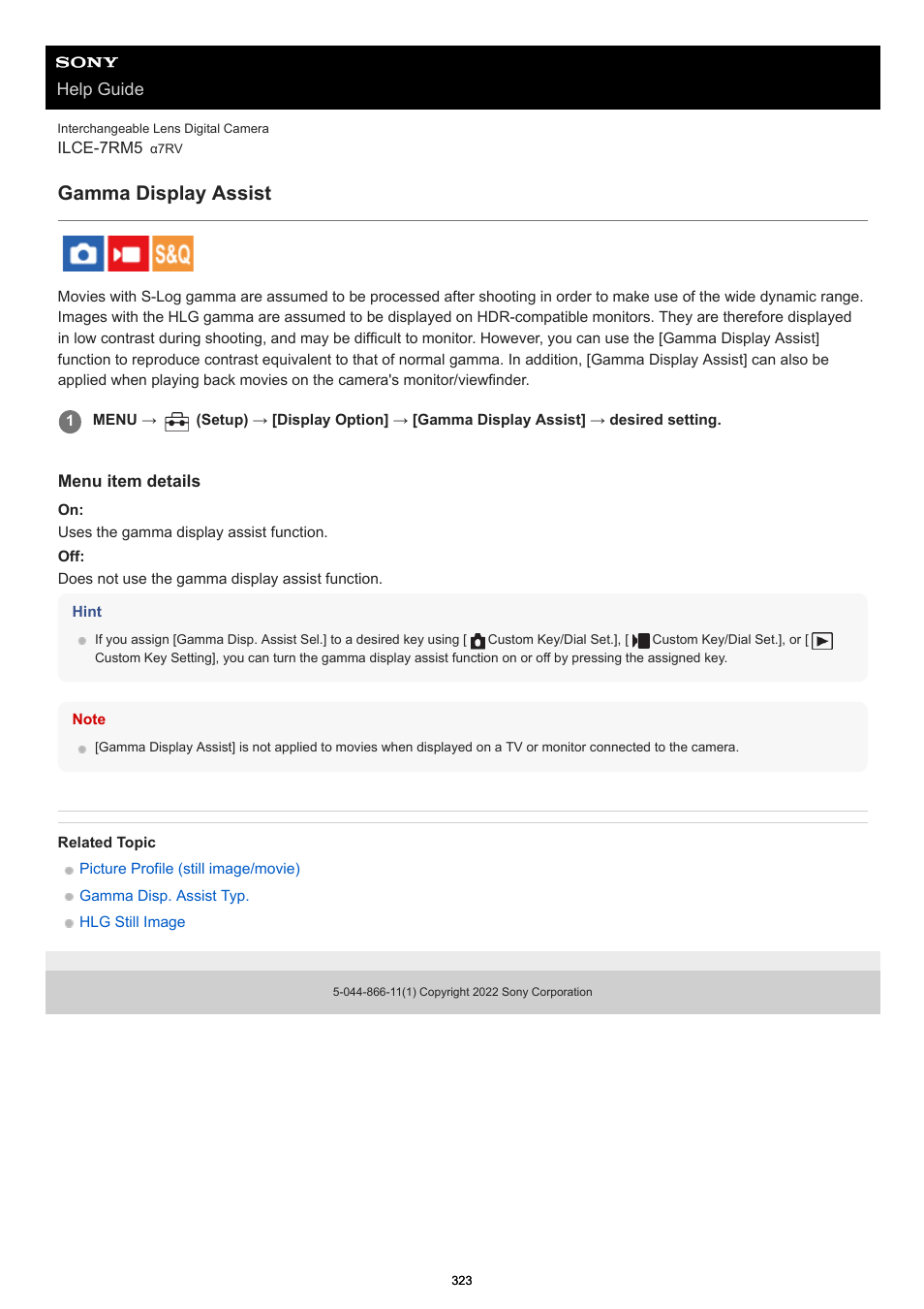 Gamma display assist | Sony PCM-A10 High-Resolution Audio Recorder User Manual | Page 323 / 535