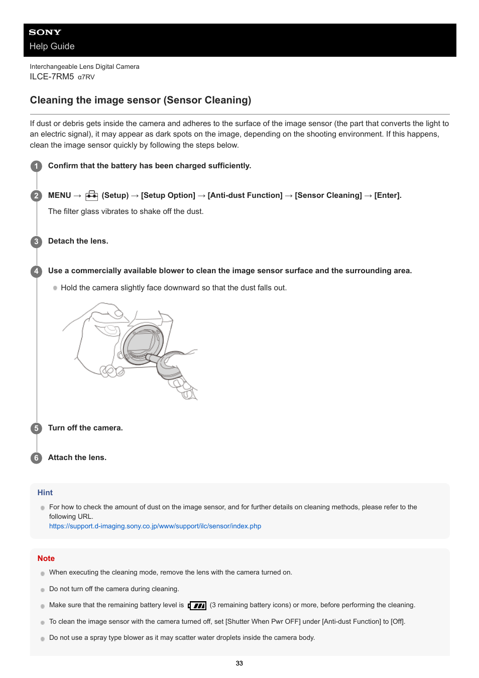 Cleaning the image sensor (sensor cleaning), Help guide | Sony PCM-A10 High-Resolution Audio Recorder User Manual | Page 33 / 535