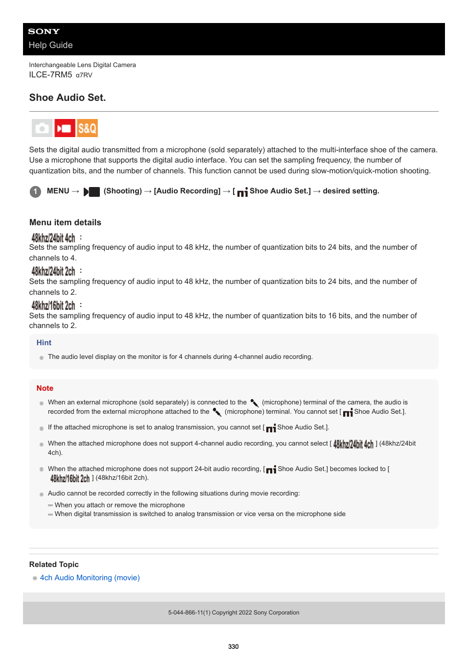 Shoe audio set, Help guide | Sony PCM-A10 High-Resolution Audio Recorder User Manual | Page 330 / 535
