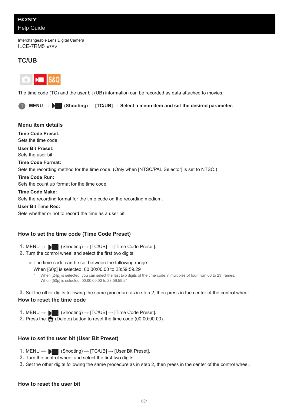 Tc/ub, Time code preset, User bit preset | Time code format, Time code run, Time code make, User bit time rec | Sony PCM-A10 High-Resolution Audio Recorder User Manual | Page 331 / 535