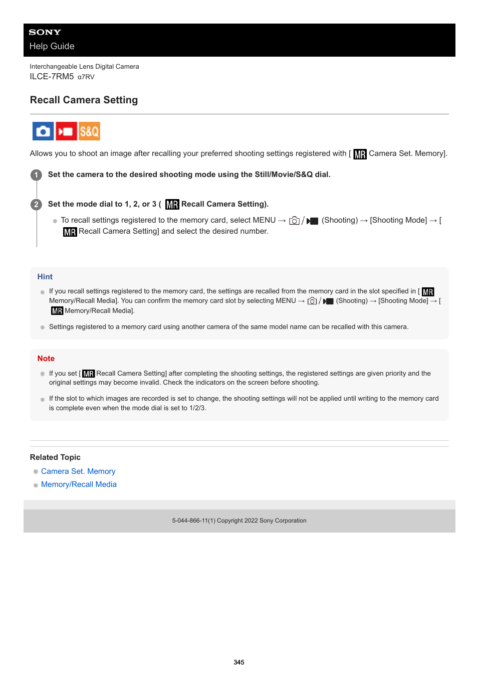 Recall camera setting, Help guide | Sony PCM-A10 High-Resolution Audio Recorder User Manual | Page 345 / 535