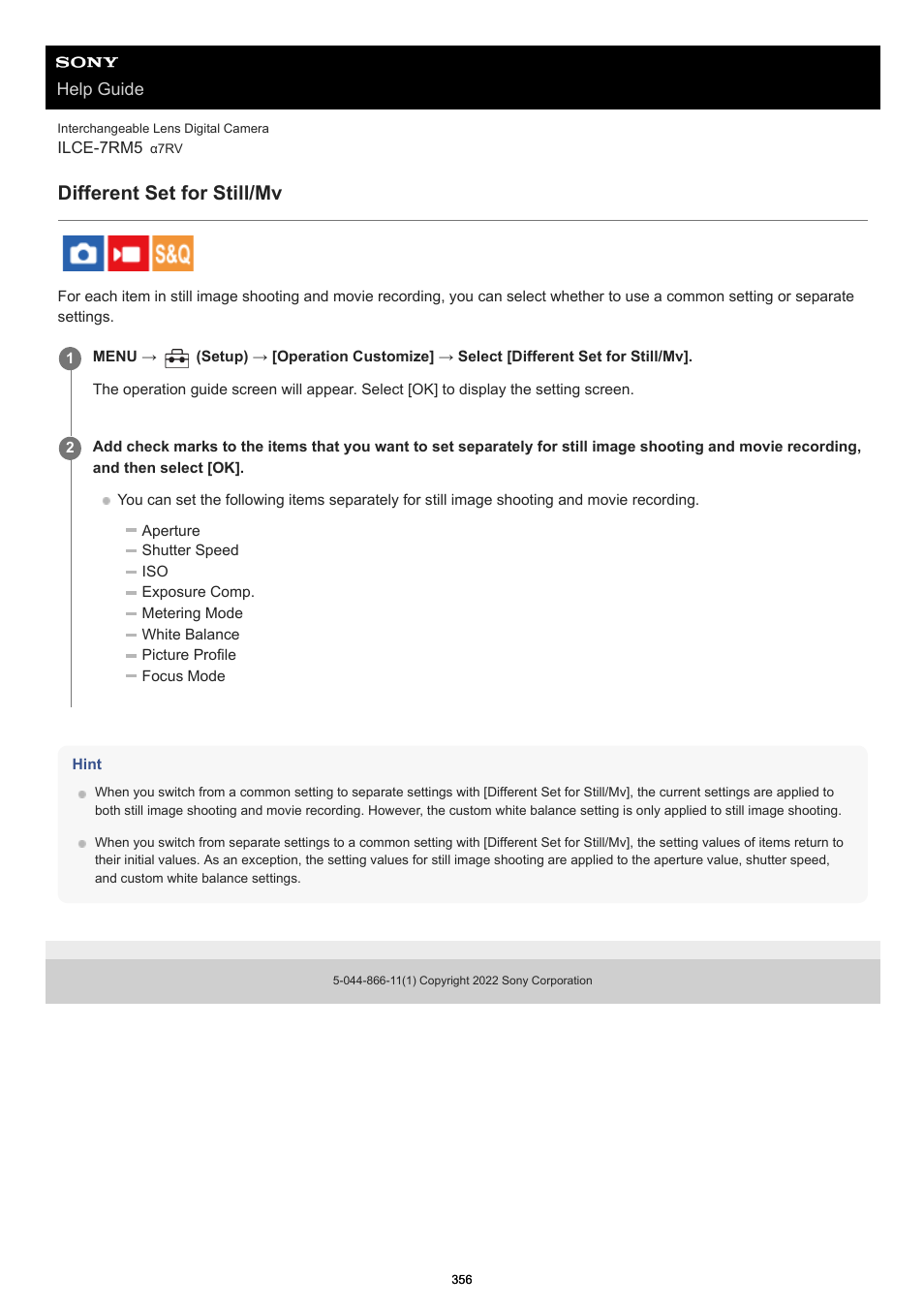 Different set for still/mv | Sony PCM-A10 High-Resolution Audio Recorder User Manual | Page 356 / 535