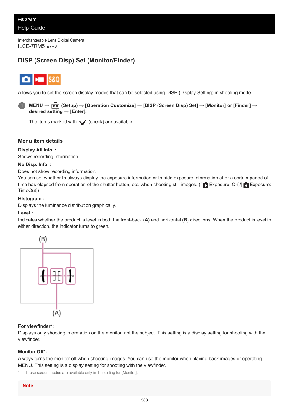 Disp (screen disp) set (monitor/finder), Disp (screen disp) set | Sony PCM-A10 High-Resolution Audio Recorder User Manual | Page 363 / 535