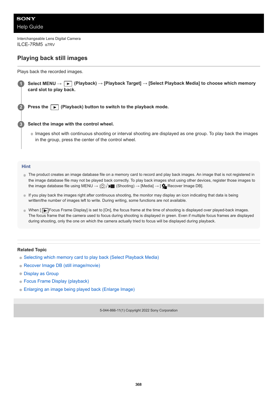 Playing back still images, Help guide | Sony PCM-A10 High-Resolution Audio Recorder User Manual | Page 368 / 535