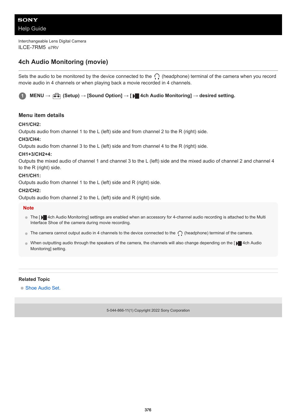 4ch audio monitoring (movie), 4ch audio monitoring, Help guide | Sony PCM-A10 High-Resolution Audio Recorder User Manual | Page 376 / 535