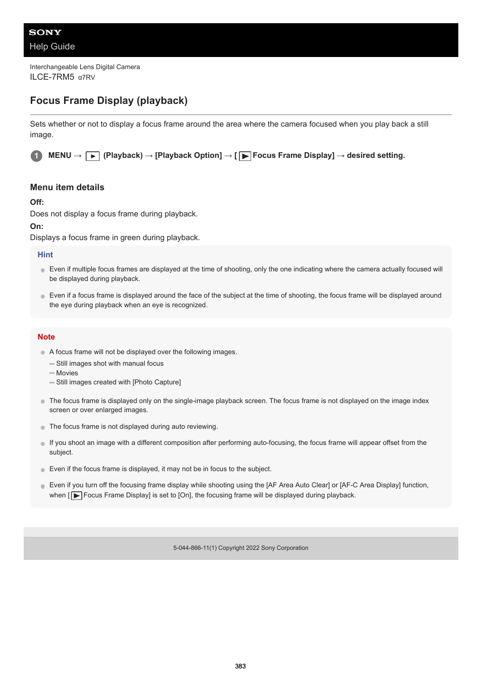 Focus frame display (playback), Focus frame display, Help guide | Sony PCM-A10 High-Resolution Audio Recorder User Manual | Page 383 / 535