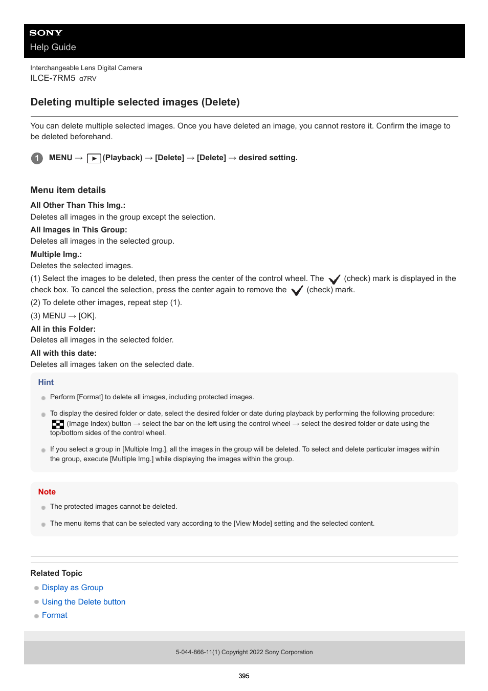 Deleting multiple selected images (delete), Delete | Sony PCM-A10 High-Resolution Audio Recorder User Manual | Page 395 / 535