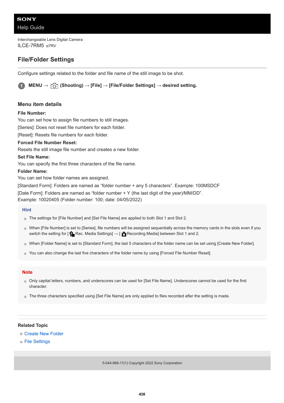 File/folder settings, Help guide | Sony PCM-A10 High-Resolution Audio Recorder User Manual | Page 408 / 535