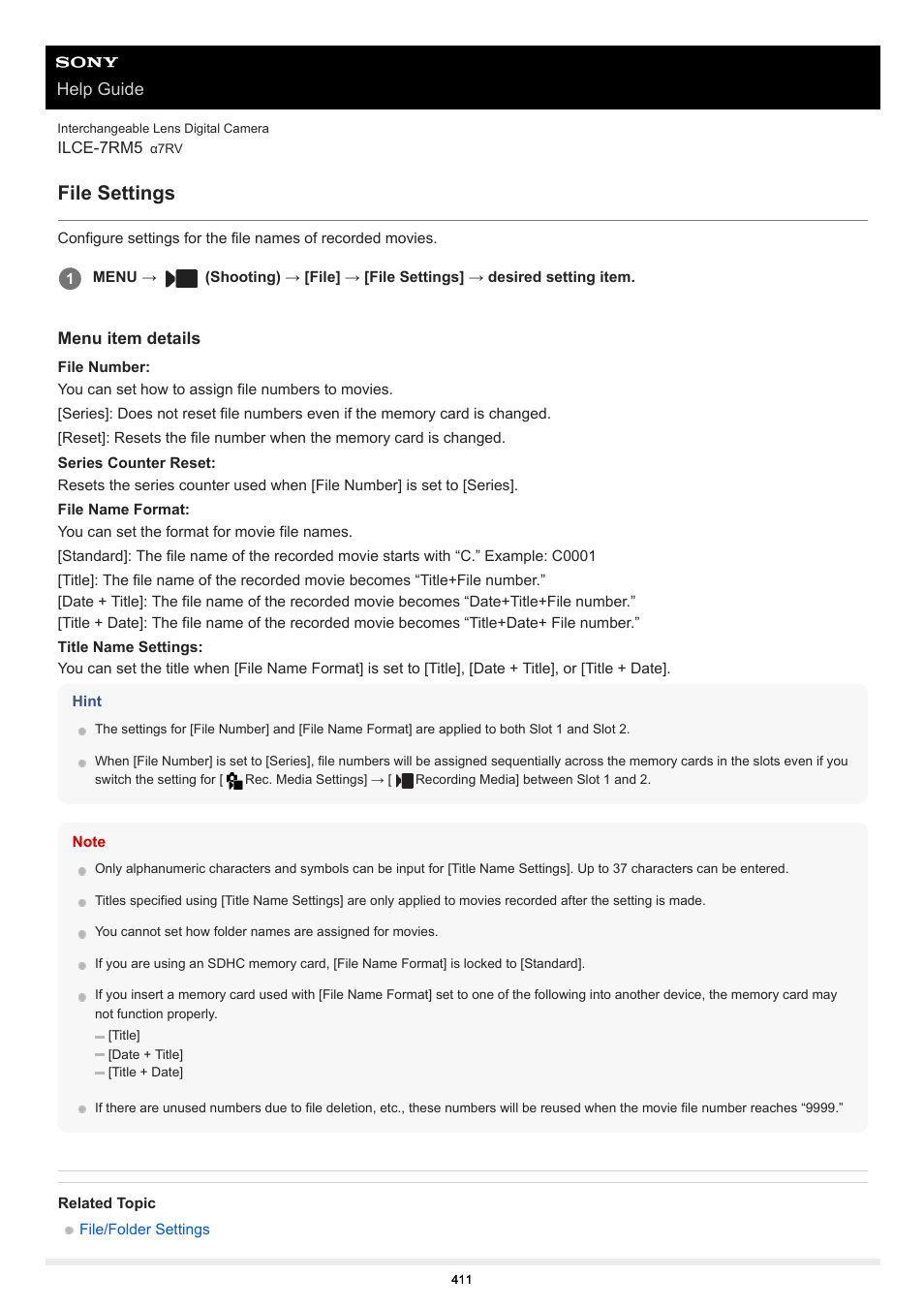 File settings, Help guide | Sony PCM-A10 High-Resolution Audio Recorder User Manual | Page 411 / 535