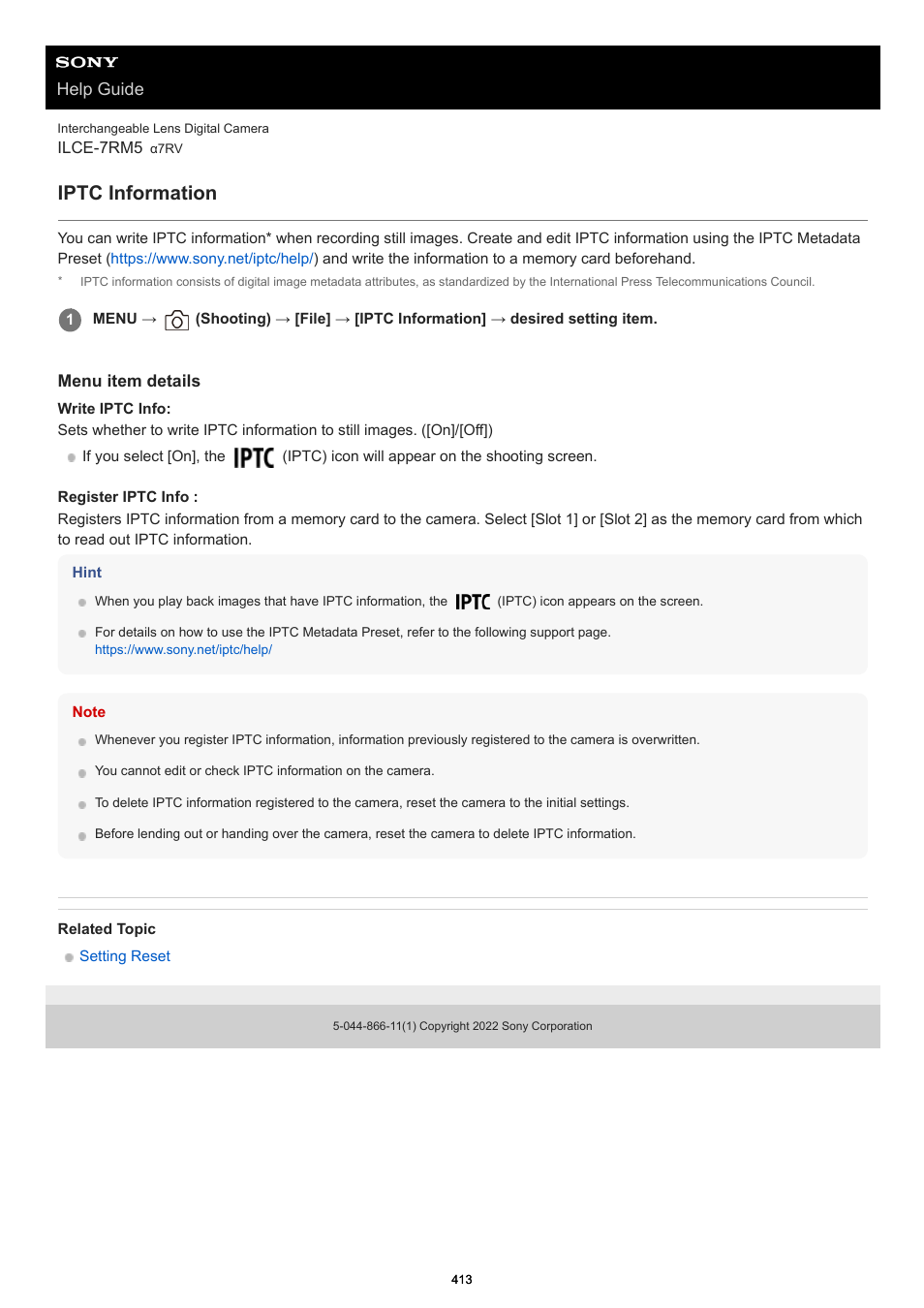 Iptc information, Help guide | Sony PCM-A10 High-Resolution Audio Recorder User Manual | Page 413 / 535