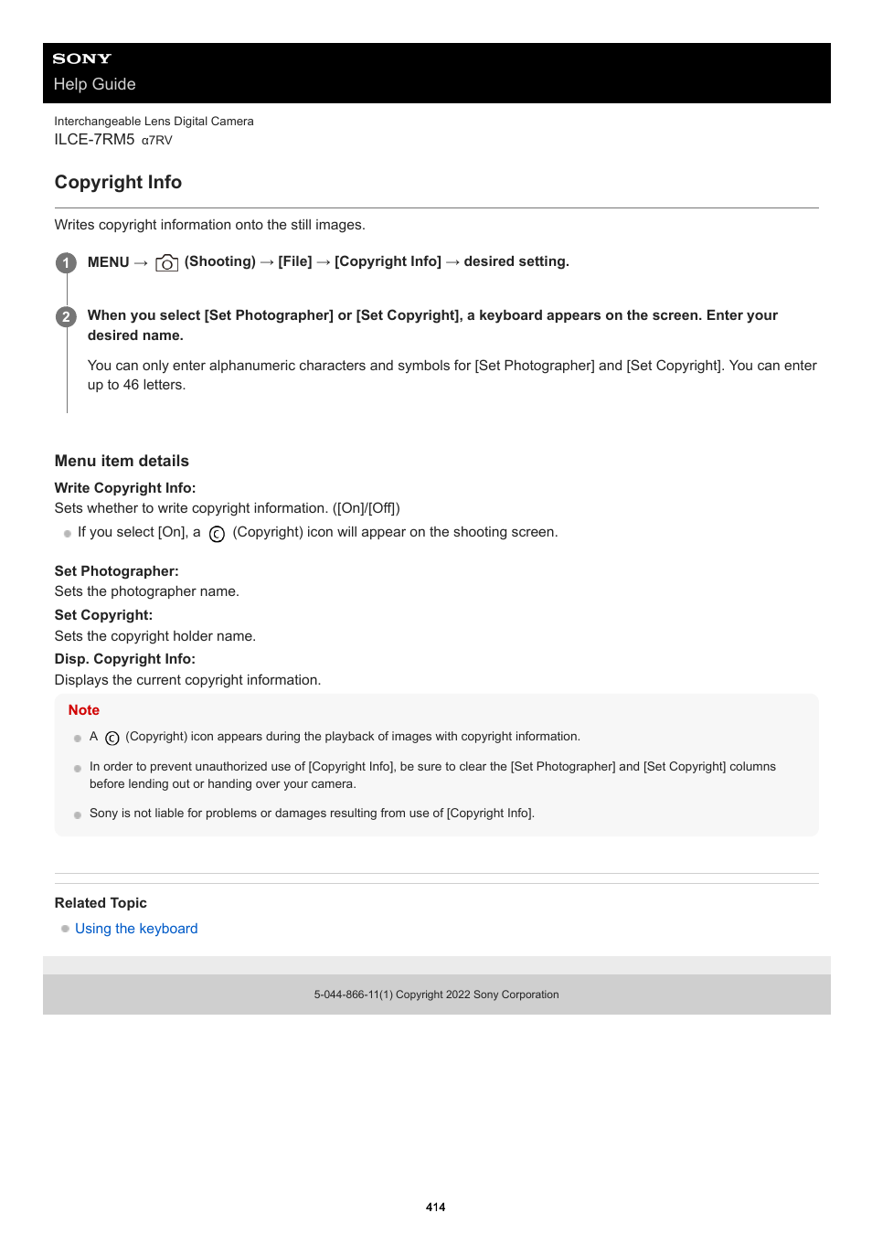 Copyright info | Sony PCM-A10 High-Resolution Audio Recorder User Manual | Page 414 / 535