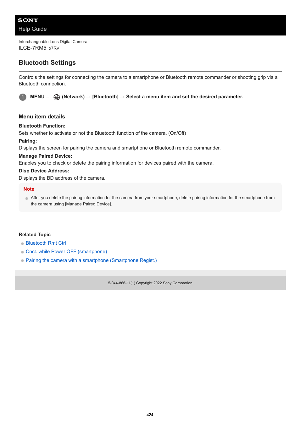 Bluetooth settings, Bluetooth function, Pairing | Manage paired device, Disp device address | Sony PCM-A10 High-Resolution Audio Recorder User Manual | Page 424 / 535