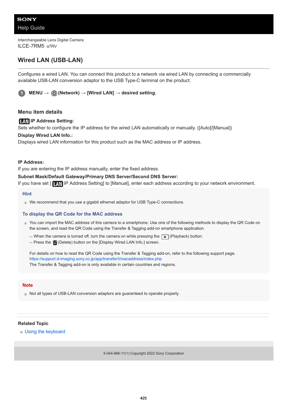 Wired lan (usb-lan), Ip address setting, Display wired lan info | Help guide | Sony PCM-A10 High-Resolution Audio Recorder User Manual | Page 425 / 535