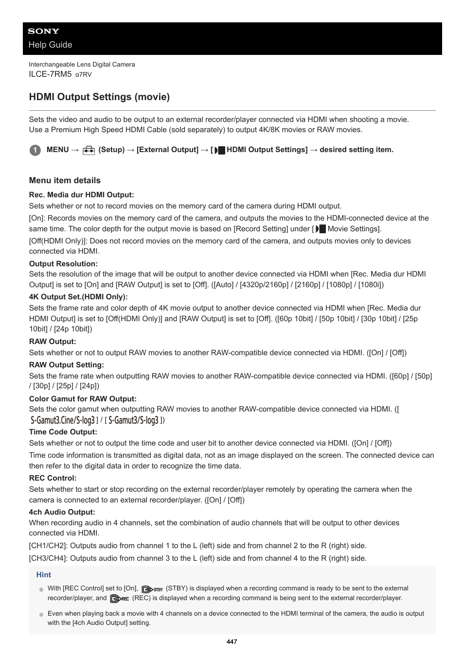 Hdmi output settings (movie), Hdmi output settings | Sony PCM-A10 High-Resolution Audio Recorder User Manual | Page 447 / 535