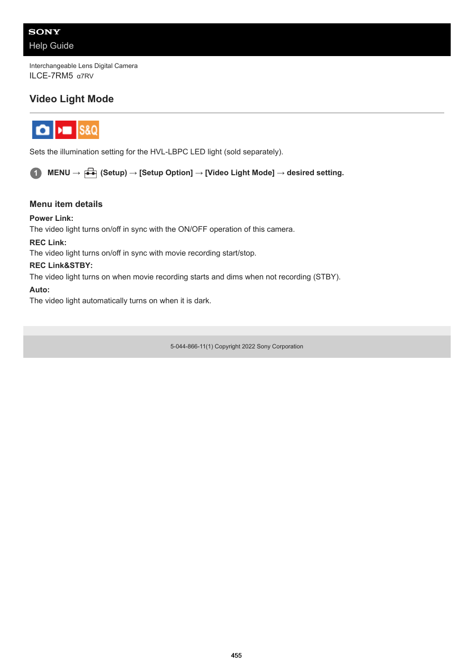 Video light mode | Sony PCM-A10 High-Resolution Audio Recorder User Manual | Page 455 / 535