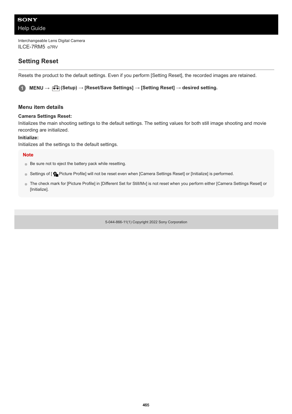 Setting reset, Help guide | Sony PCM-A10 High-Resolution Audio Recorder User Manual | Page 465 / 535