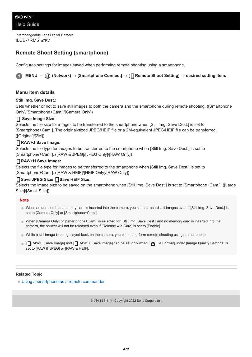 Remote shoot setting (smartphone), Remote shoot setting, Help guide | Sony PCM-A10 High-Resolution Audio Recorder User Manual | Page 472 / 535