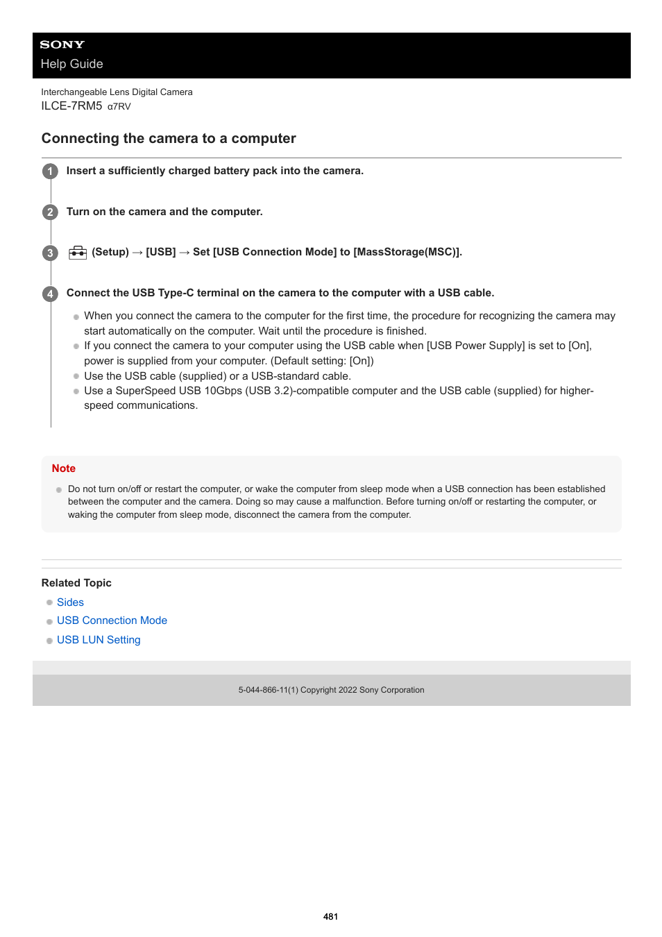 Connecting the camera to a computer | Sony PCM-A10 High-Resolution Audio Recorder User Manual | Page 481 / 535