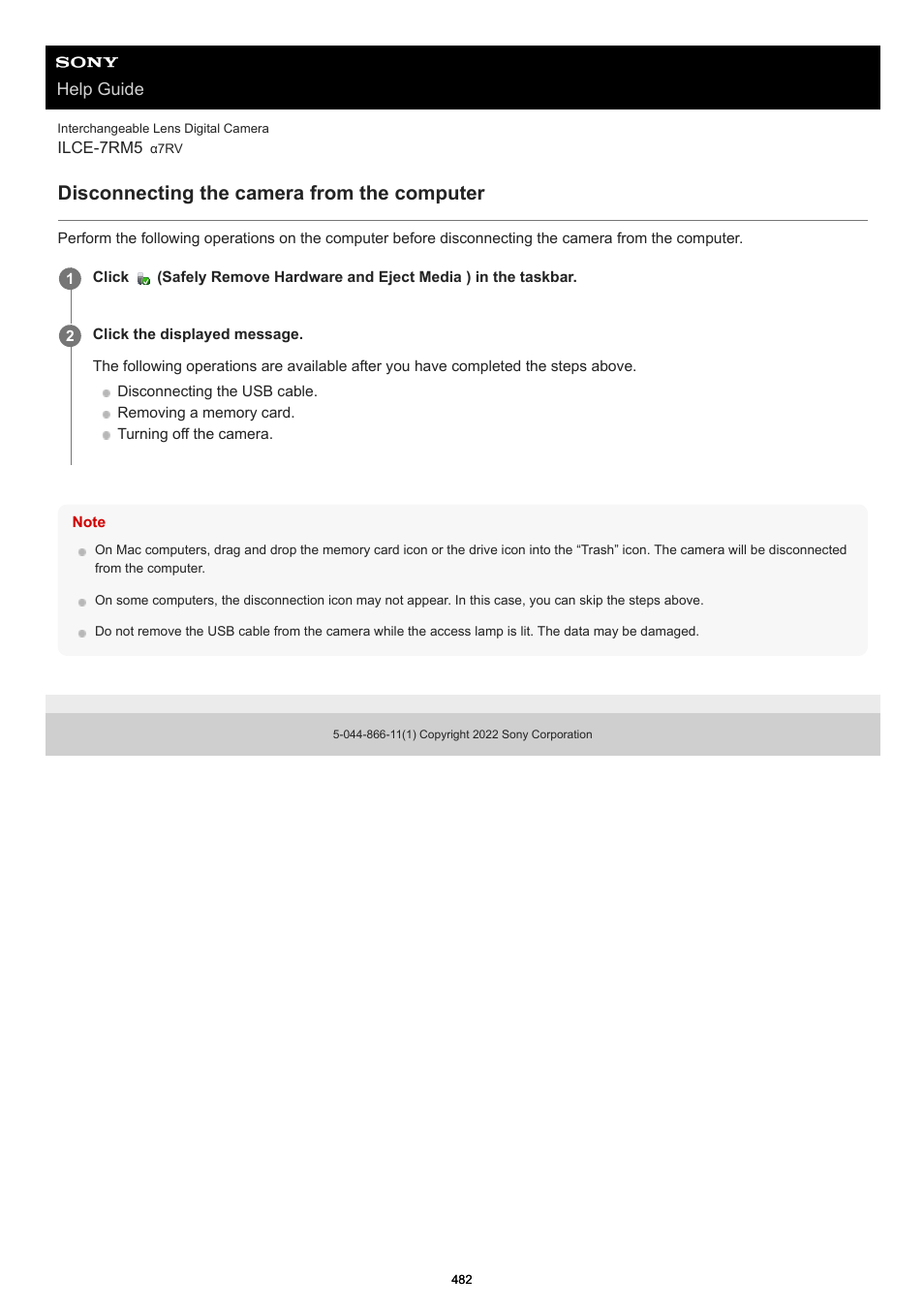 Disconnecting the camera from the computer, Help guide | Sony PCM-A10 High-Resolution Audio Recorder User Manual | Page 482 / 535
