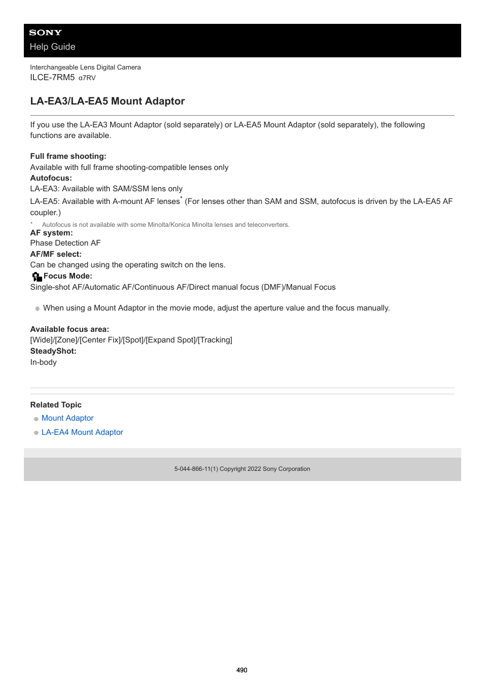 La-ea3/la-ea5 mount adaptor | Sony PCM-A10 High-Resolution Audio Recorder User Manual | Page 490 / 535