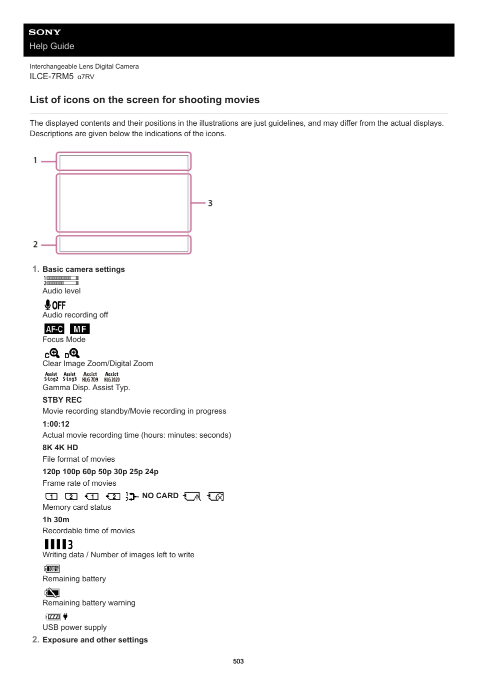 List of icons on the screen for shooting movies | Sony PCM-A10 High-Resolution Audio Recorder User Manual | Page 503 / 535