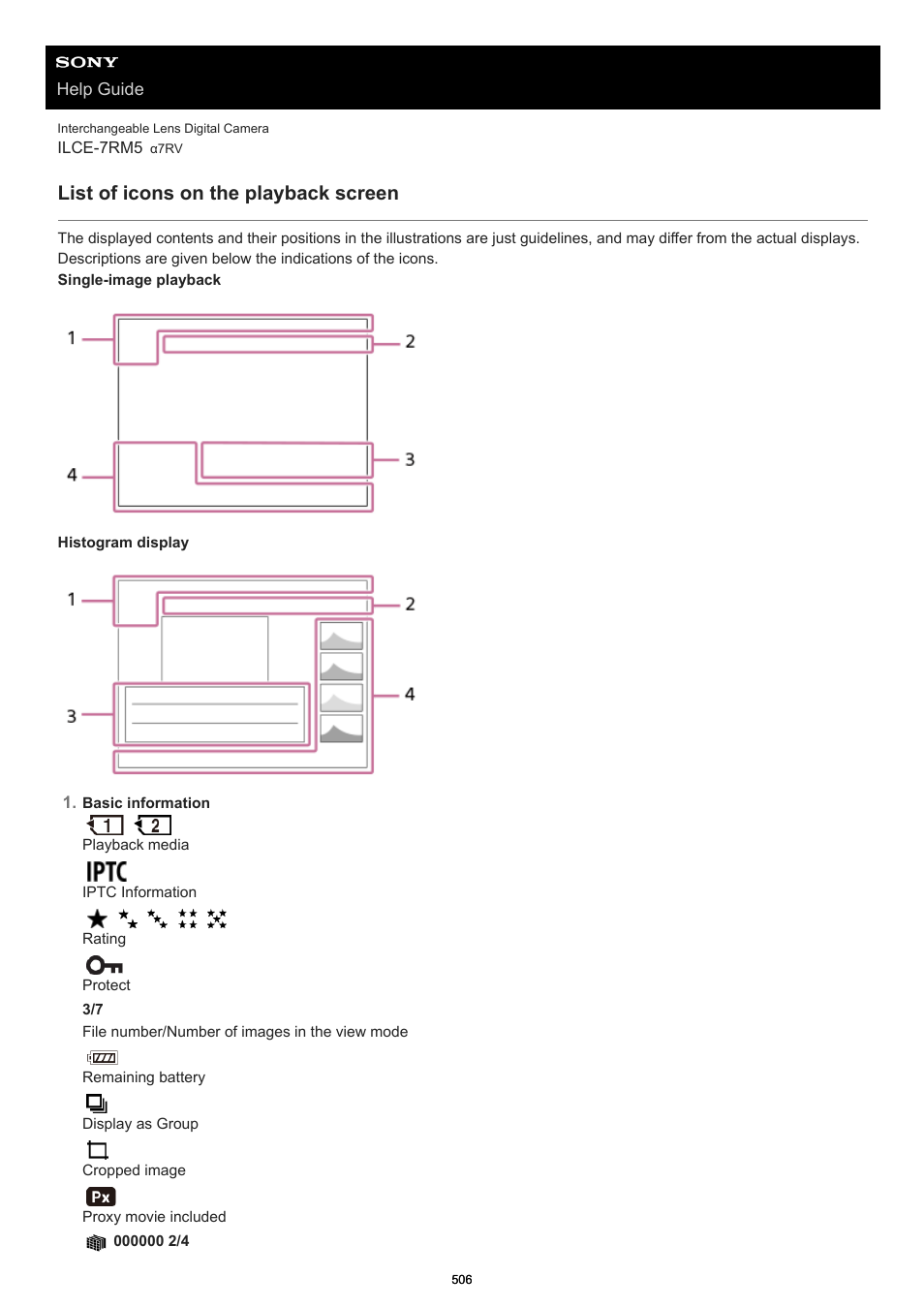 List of icons on the playback screen | Sony PCM-A10 High-Resolution Audio Recorder User Manual | Page 506 / 535