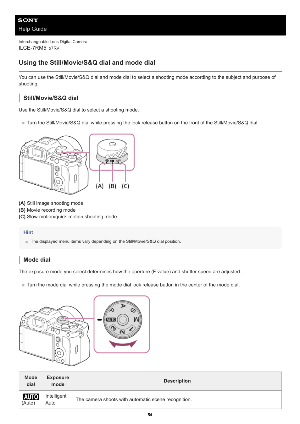 Using the still/movie/s&q dial and mode dial | Sony PCM-A10 High-Resolution Audio Recorder User Manual | Page 54 / 535