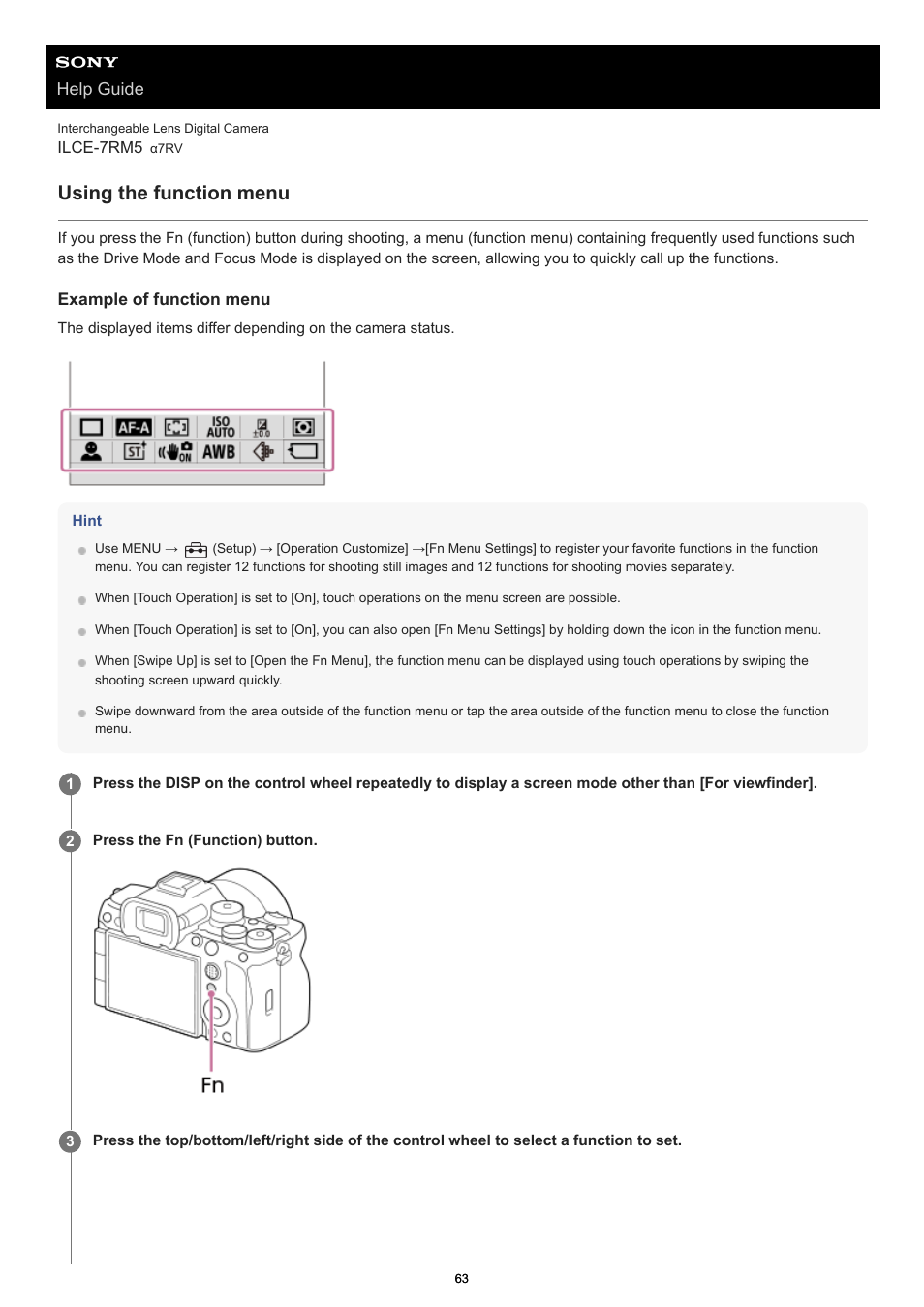 Using the function menu, Help guide | Sony PCM-A10 High-Resolution Audio Recorder User Manual | Page 63 / 535