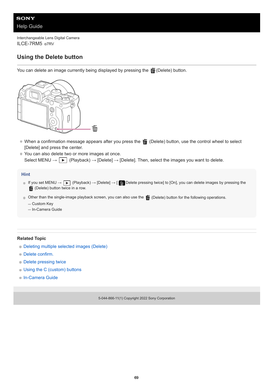 Using the delete button, Help guide | Sony PCM-A10 High-Resolution Audio Recorder User Manual | Page 69 / 535