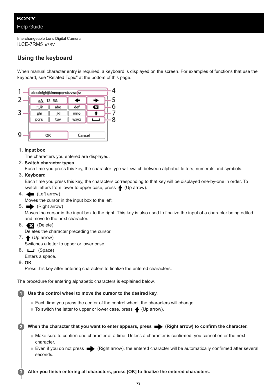 Using the keyboard | Sony PCM-A10 High-Resolution Audio Recorder User Manual | Page 73 / 535