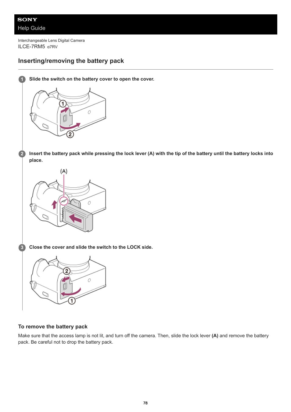 Inserting/removing the battery pack | Sony PCM-A10 High-Resolution Audio Recorder User Manual | Page 78 / 535