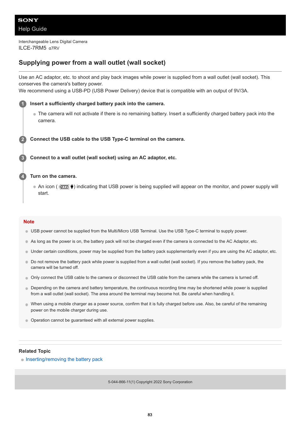 Supplying power from a wall outlet (wall socket), Help guide | Sony PCM-A10 High-Resolution Audio Recorder User Manual | Page 83 / 535